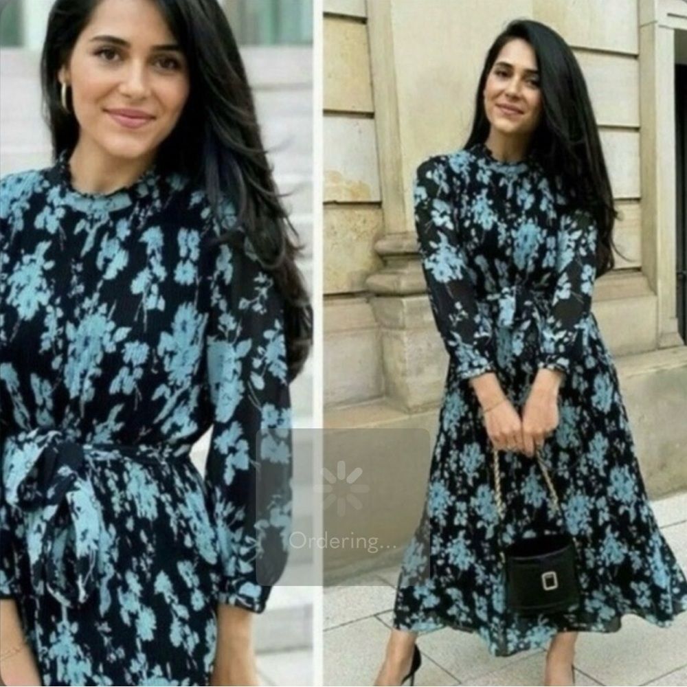 Zara Blue Long Sleeve Wrap Dress with Tie Front